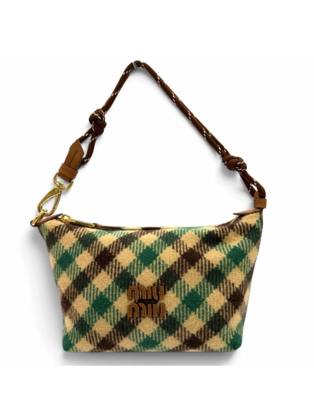 Miu Miu Spirit Gabardine Pouch Wool Cotton Check Handbag Green Brown